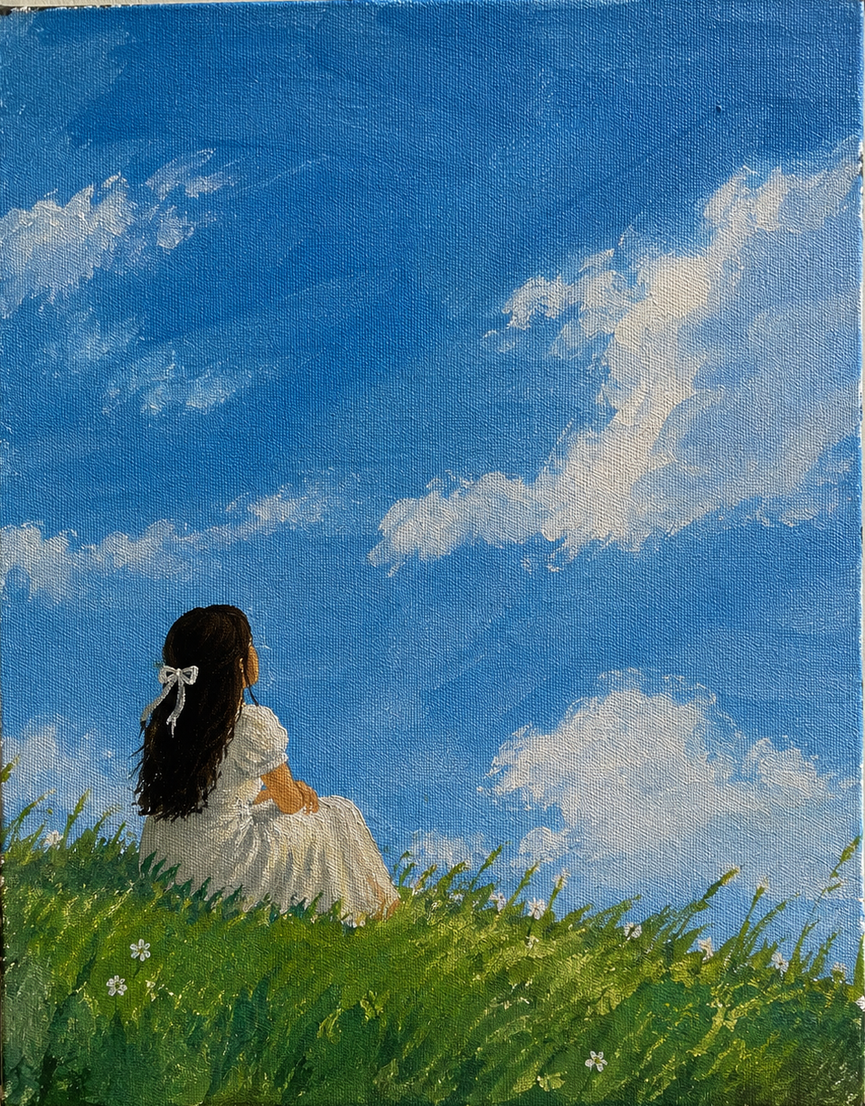 A Simple Girl: a girl in a white dress sitting in grass beneath a blue sky with white clouds
